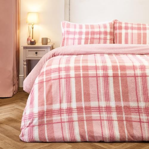 OHS Teddy Fleece Single Duvet Cover Set, Christmas Winter Fluffy Cosy Tartan Check Sherpa Reversible Single Bedding Set Super Soft Warm Thermal Duvet Cover with Pillowcases, Blush Pink