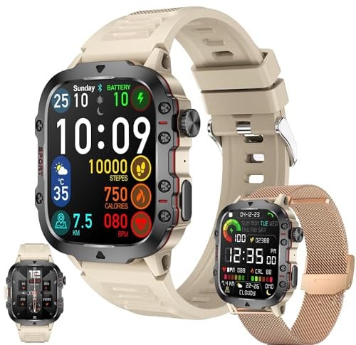 1,96 AMOLED Smartwatch Herren mit Telefonfunktion, 420mAh Batterie, Sportuhr mit Bluetooth Anrufe Fitnessuhr mit Schlafmonitor Schrittzähler, 5ATM Wasserdicht Smart Watch für iOS Android (Beige)