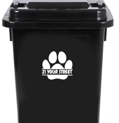 Pack of 4 Dog/Cat Paw Print Waterproof Personalised Wheelie Bin Stickers Custom House Number - Stick On House Numbers - Street Name Sticker (15.5cm x 14cm (6.1 x 5.5))