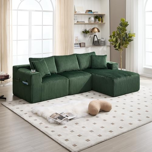 Ball & Cast L-förmiges Eckcouch mit Schlaffunktion, 3-Sitzer Sofa mit 2 Getränkehalter aus Cordbezug für das Wohnzimmer Wohnung Studio, 257 x 62 x 160 (BxHxT), Smaragd