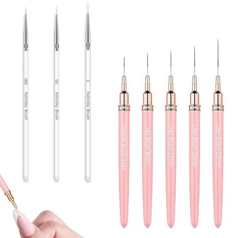 8 PCS Nail Art Brushes, Thin Nail Art Brush, Liner Brush Nail Art, Nail Liner Brush, Thin Nail Brush, for Long Lines, Fine Drawing(Pink/White)