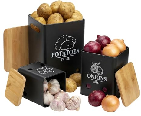 Vexnaro Juego de 3 Caja para Guardar Patatas, Recipientes de Almacenamiento, Cebollas y Ajos, Almacenamiento Cocina con Tapa de bambú y Orificios de Ventilación, Recipientes de Almacenamiento (negro)