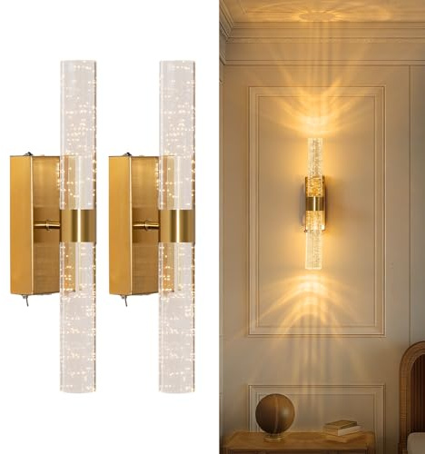 HITOO Wandleuchte Innen Akku mit Fernbedienung, Moderne Zylindrischer Blasenlinse 12000mAh Wandlampe, Dimmbar,Timer, 3000K, Kabellos & Ohne Bohren, Für Schlafzimmer,Wohnzimmer, Flur, Gold,2 Set(39CM)