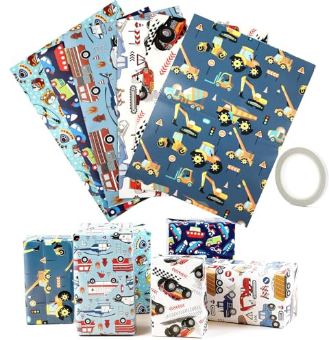 6Pcs Bagger Geschenkpapier, 70x50cm Baustelle Geschenke Wrapping Paper | Cartoon Fahrzeuge Geschenk Papier mit Doppelseitigem Klebeband für Mädchen Jungen Kindergeburtstag Party