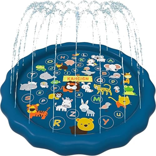 KAHEIGN 170CM Tapis de Jeu d'eau Splash, A à Z Alphabet Baleine Lion Tigre Éléphant Motifs Tapis D'arrosage Été Jardin Extérieur Jouets à Eau à Jet d'eau pour Enfants Animaux Familiales Activités