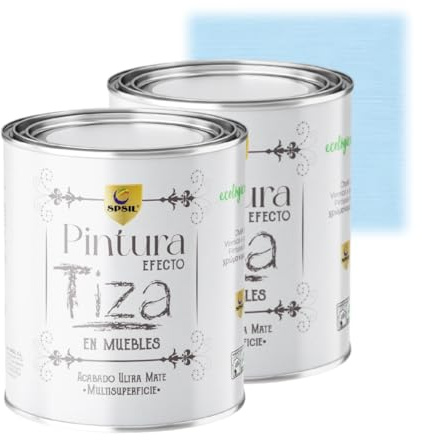 SPSIL Pintura a la Tiza Azul Celeste (750ml X 2) Multiusos Sin Lijado, Secado Rápido Lavable Ecológica, Mate Vintage para Madera Metal Yeso, Interiores Exteriores Bricolaje y Renovación de Muebles
