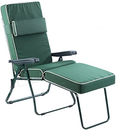 Alfresia Reclining Sun Lounger with Cushion Adjustable Folding Sunbed | Green frame steel sprung supports water resistant polyester 107kg max load