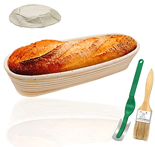YOCZOX 14” Oval Banneton Proving Basket, Bread Proofing Basket Sourdough Proofing Proving Sourdough Starter Kit Bread Making Accessories (35cm, Cloth Liner, Bread Lame, Brush)