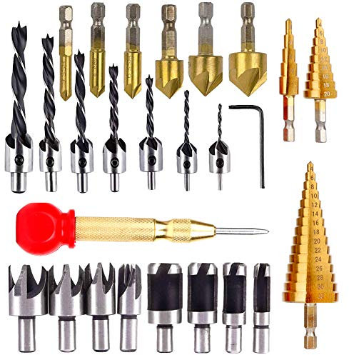 26pcs Woodworking Chamfer Drilling Tools Includes 6 Countersink Drill Bits, 7 Three Pointed Countersink Drill Bit with L-wrench, 8 Wood Plug cutter, 3 Step Drill Bit, and Automatic for Wood DIY