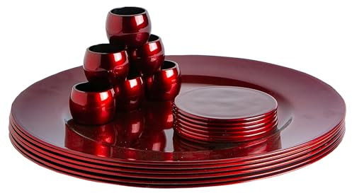 Argon Tableware Metallic Charger Plates, Coasters & Napkin Rings Set - Dark Red - 18pc - 33cm - Reusable Dining Table Setting Plates Drink Placemats Napkin Holders for Christmas, Party Celebrations