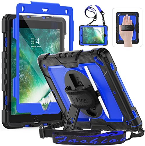 Timecity para iPad 6/5 Generación iPad Pro 9.7/iPad Air 2 cáscara con Protector de Pantalla,Soporte para lápiz,Soporte Giratorio,Correa de Mano/Hombro. por iPad 9.7 Pulgada,Negro+Azul Oscuro