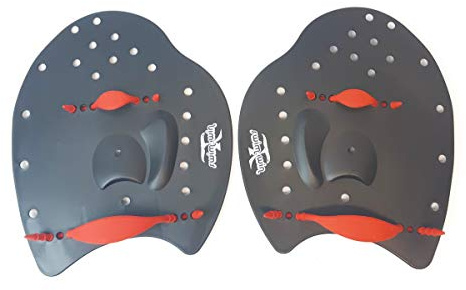SWIMXWIN PALMARI Professionelle Schwimm-Palette mit ergonomischem Training und Gummiband (Large, Schwarz/Rot)