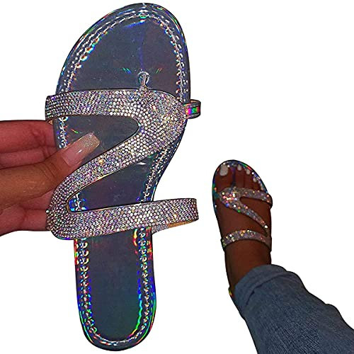 Onsoyours Sandales Plates Femmes, Chaussures Été Confortable à Talons Plats Nu Pieds Mode Tongs Plages Claquettes Semelle Matelassée Bout Ouvert Tressée B Argent 41 EU