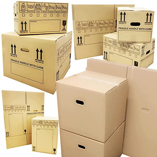 Plain or Printed STRONG Corrugated Cardboard Boxes Packing House Moving Cartons Multi Use XL, L & M (18 x 12 x 10, Room List Printed With Handles, 10)