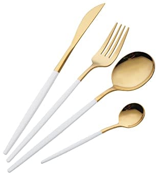 OUQIWEN 16 Piece White and Golden Cutlery Set,White Handle Knife Fork Spoon Set,White Gold Stainless Steel Cutlery ,4 Person Dinner Set (White Gold)