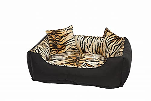 Ergonomisch Hundebett für mittelgroße Hunde - Hundeplatz für mittlere Hunde - Hundekorb mit hoher Rand - Haustiere Bett Tierebett vintage shabby mit Wendekissen in Größe L 90x65cm im Tiger Muster