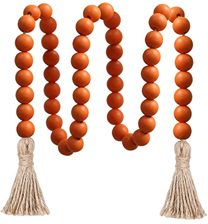 Meplait 39in Wood Bead Garland with Tassels, Farmhouse Rustic Decor Prayer Beads Boho Tassel Garland Wall Hanging Home Decor (Orange)