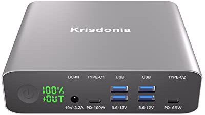 Krisdonia Batterie Externe pour Ordinateur Portable, Chargeur Portable USB C 32000mAh avec 2 x USB-C PD (100W et 65W) et 4 x USB-A (QC3.0 18W) Compatible avec PC, MacBook, tablettes, iPhone et Plus