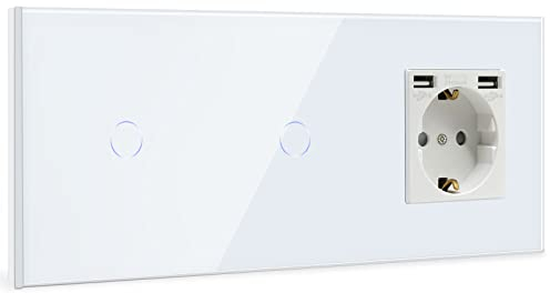 BSEED Touch Lichtschalter mit USB Steckdose Anschluss (Max. 2.1A) Doppel 1 Fach 1 Weg Wandschalter mit Steckdosen Unterputz Touchscreen-schalter mit Glasrahmen 228mm Weiß