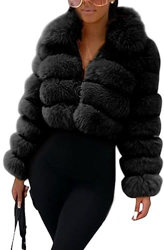 loveimgs Women Fluffy Faux Fur Coat Cropped Jacket Puffer Jacket Zip Up Winter Warm Fuzzy Teddy Jacket (Large,Black)