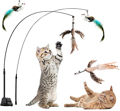 Aohcae 2 Stück Interaktives Katzenspielzeug Angel Mit Feder, Glocken Zauberstab, Intelligenz Selbstbeschäftigung Mit Saugnapf