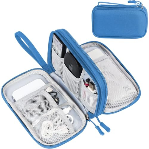 FYY Travel Cable Organiser, Electronics Accessories Bag, Waterproof Tech Storage Pouch, 2-Layer Universal Carry Case for Charger, Power Bank, USB Drive M-Blue