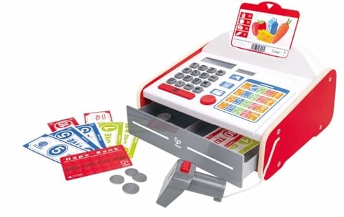 Hape - Cassa supermercato con Banconote e Carte di Credito | Registratore di Cassa con luci, Suoni e calcolatrice Solare per Bambini dai 3 Anni su