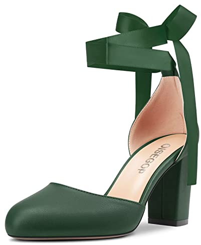 OISEGOP Femmes Bloc Chunky Haut High Talon Heel Rond Bout Escarpins Lanières Cheville Lacets Mariage Dress Bottes Vert Foncé 38 EU