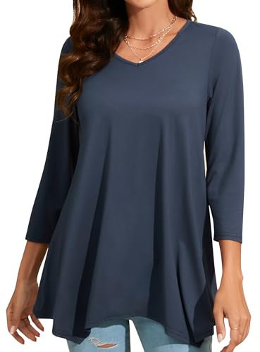 Enmain Tunique Bleu Femme Longue Grande Taille Col V Chemisier à Manches 3/4 Chic et élégant Tuniques à Couleur Unie Haut Ample pour Femmes,Bleu 1,XL