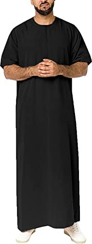 YAOHUOLE Mens Kaftan Short Sleeve Casual Robe Side Split Kaftan Long Gown Dubai Thobe Zipper placket Black 3XL