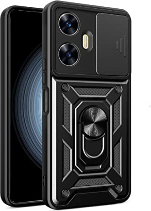 Loyhee Funda para Realme narzo N55 / Realme C55 4G (6.72), Protección de la Cámara Carcasa con Cubierta de Cámara Deslizante y Soporte de Anill PC Dura y TPU Silicone Anti-Choque Case – Negro
