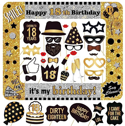 Fotobox Accessoires 18. Geburtstag Deko 34 STK. Foto Requisiten mit aufblasbarem Fotorahmen für Jungen und Mädchen Schwarz Silber Gold Photo Booth Requisiten und Selfie Rahmen Party Zubehör