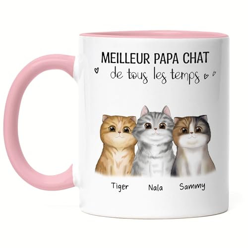 Kiddle-Design Propriétaire de chat Mug Rose Personnalisé Cadeau Papa de chat 3 Amoureux des chats Motif de chat Slogan Nom Ami des chats Animal de compagnie