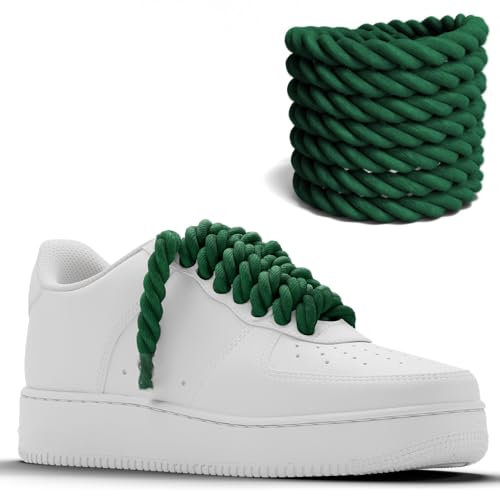 Chunky Laces Cordones de cuerda de algodón verde bosque de 10 mm con puntas transparentes, 160 cm de longitud, compatible con Air Force 1, cordón de macramé, cuerda gruesa verde bosque, cordones AF,