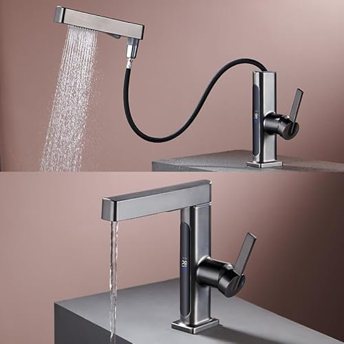 Mainen Wasserhahn Bad Wasserhahn Küche,Hohe Waschtischarmatur mit Ausziehbar Braus,LED-Temperaturanzeige,360° Drehbar,2 Wasserstrahlmodi,Einhebelmischer Badarmatur Waschbecken für Badezimmer,Grau