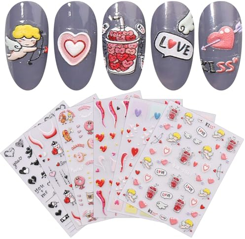 JMEOWIO 6 Sheets 3D Embossed Valentines Day Heart Nail Art Stickers Decals Self-Adhesive 5D Cute Colorful Nail Supplies Nail Art Design Decoration Accessories