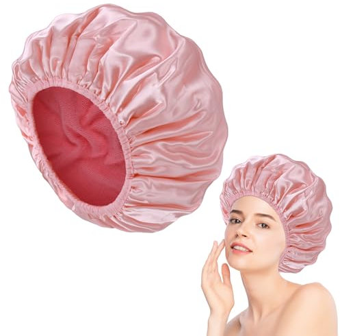 Fentar Shower Cap, Waterproof Triple Layer Shower Cap for Women with Microfibre Liner, Practical Bathing Accessories, Reusable Soft Hair Wrap for Long Hair (Pink)