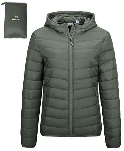 Outdoor Ventures Damen Steppjacke Leichte Packbare Übergangsjacke Warme Winterjacke mit Kapuze für Frauen Gefüttert Pufferjacke mit Taschen für Freizeit Wandern Reisen Armeegrün M