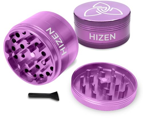 HIZEN Alu Grinder XXL Ø 63mm, 4-teilige Kräutermühle, Crusher Set für getrocknete Kräuter, Pollen, Blüten, Gewürze mit Pollenfach und Schaber (Lila)