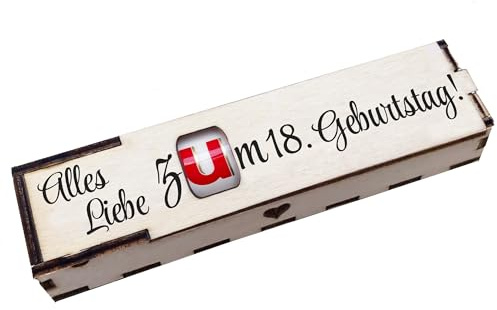 Alles Liebe zum 18. Geburtstag! - Holz Geschenkbox geschliffen mit Spruch Lasergravur inkl. Duplo Schokoriegel Schokolade Geschenkidee Handarbeit
