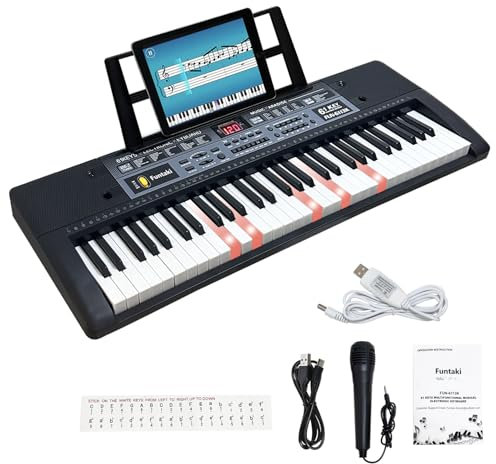 Funtaki Piano numérique portable 61 touches, clavier électronique avec touches lumineuses et support de musique, mini clavier pour enfants et adultes, noir