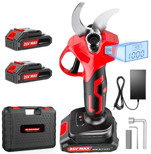 XIAZIR Sécateur électrique sans fil de 35 mm avec moteur brushless, sécateur de jardin avec écran LCD, 2 batteries 21 V 2000 mAh et lame en acier SK5, puissant coupe-branches pour arbres, jardin
