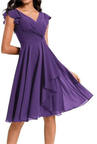 Robes courtes pour femmes demoiselles d'honneur en mousseline avec col en V et poches pour cocktail, violet, 50