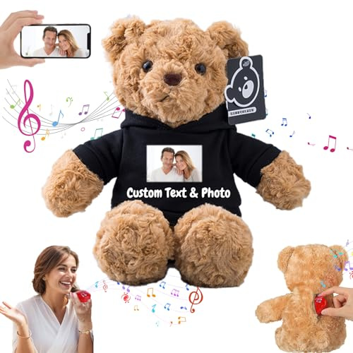 MeterBear Personalised Teddy Bear with Voice Recording for Kids Adults, Personalised Gifts Bear with Bow Plush Toys with Text+Photo as Customised Gift for Valentines Christmas (13 inch-Text+Photo)