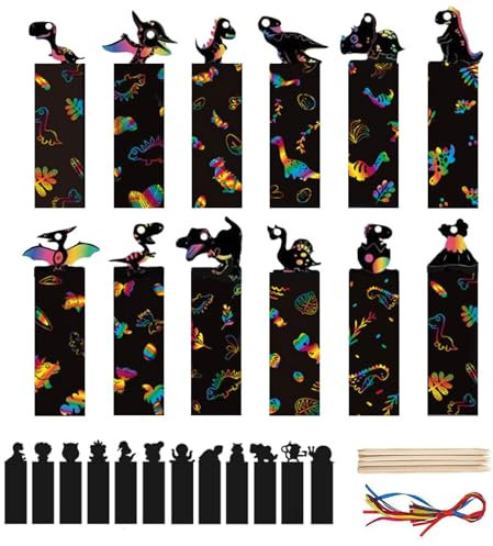 Vordpe 48 Stück Lesezeichen Kratzbilder, Bunte Scratch Art für Kinder, Verzierungen hängende Handwerkskunst Kits, Scratch Art paper mit Holzstiften Ribbon（Dinosaurier）