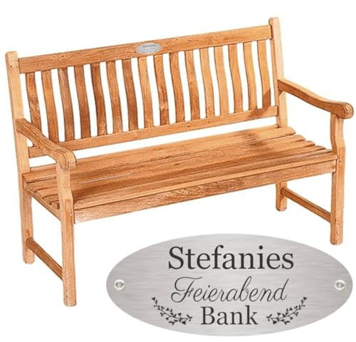 Sterngraf Bank zum Ruhestand mit Gravur-Schild zB. Feierabend (Name), Teakholz Gartenbank Mendip 130cm, Edelstahlschild personalisiert, Geschenk für Rentner