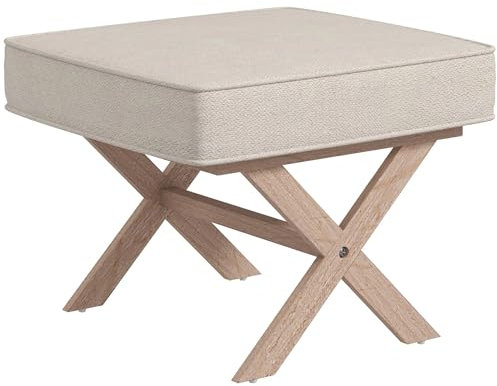 HOMCOM Repose Pied Salon Ottoman Pouf Salon Tabouret de canapé rectangulaire en Tissu avec siège rembourré, Pieds en Bois d'hévéa pour Chambre à Coucher, Salon - Beige