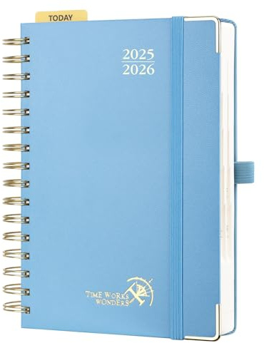 POPRUN Tagesplaner 2025 2026 Ringbuch mit Hardcover 21,5 x 14,5 cm, Tageskalender A5 1 Tag 1 Seite (Montag - Sonntag), Terminplaner (Aug.2025-Jul.2026) mit Plastiklineal - Dunstblau