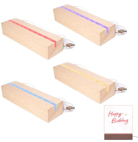 Sporgo 4 Stück LED Sockel: Led Lichtsockel 7 Farben Holzsockel, LED Lichter Display Basis USB Leuchten Sockel mit Schalter, Rechteckige Beleuchteter Holzsockel für DIY Acrylplatten -Farbe Einstellbar