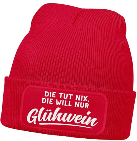 MoonWorks® Damen Beanie mit Patch Strickmütze mit Spruch Glühwein Aufdruck Lustig Damenmütze